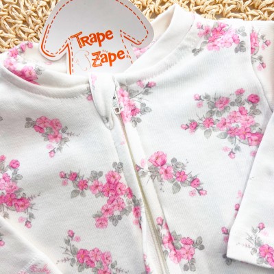  Macacão de Malha com Abertura em Zíper Flores Rosas - Off White